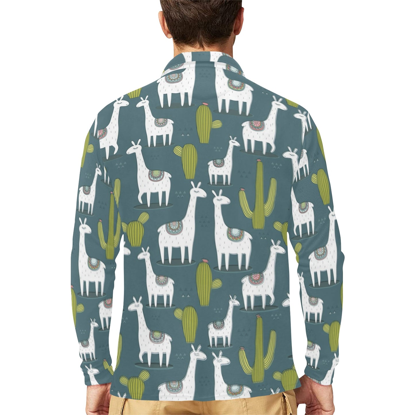Llama Cactus Pattern Print Design 03 Long Sleeve Polo Shirt For Men's