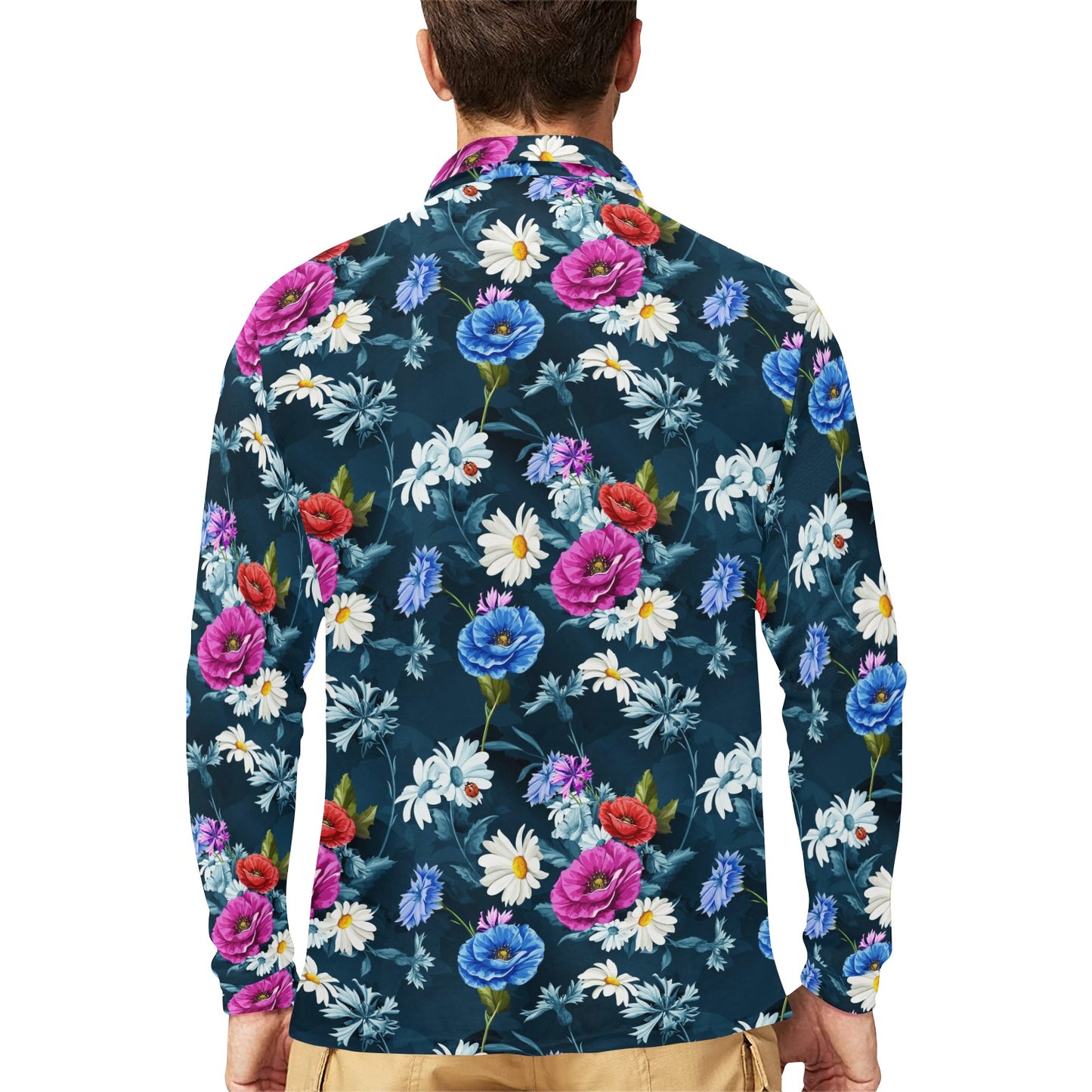 Floral Blue Themed Print Long Sleeve Polo Shirt For Men's