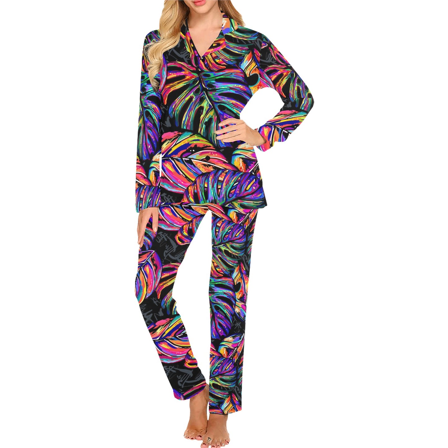Neon Color Tropical Palm Leaves Women's Long Pajama Set