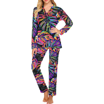 Neon Color Tropical Palm Leaves Women's Long Pajama Set