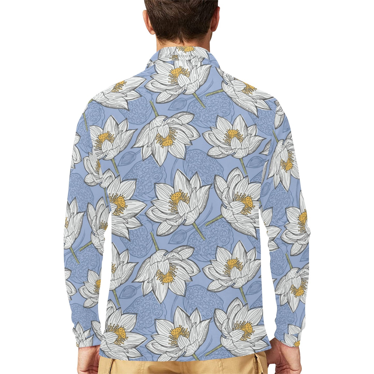 Lotus Pattern Print Design 04 Long Sleeve Polo Shirt For Men's