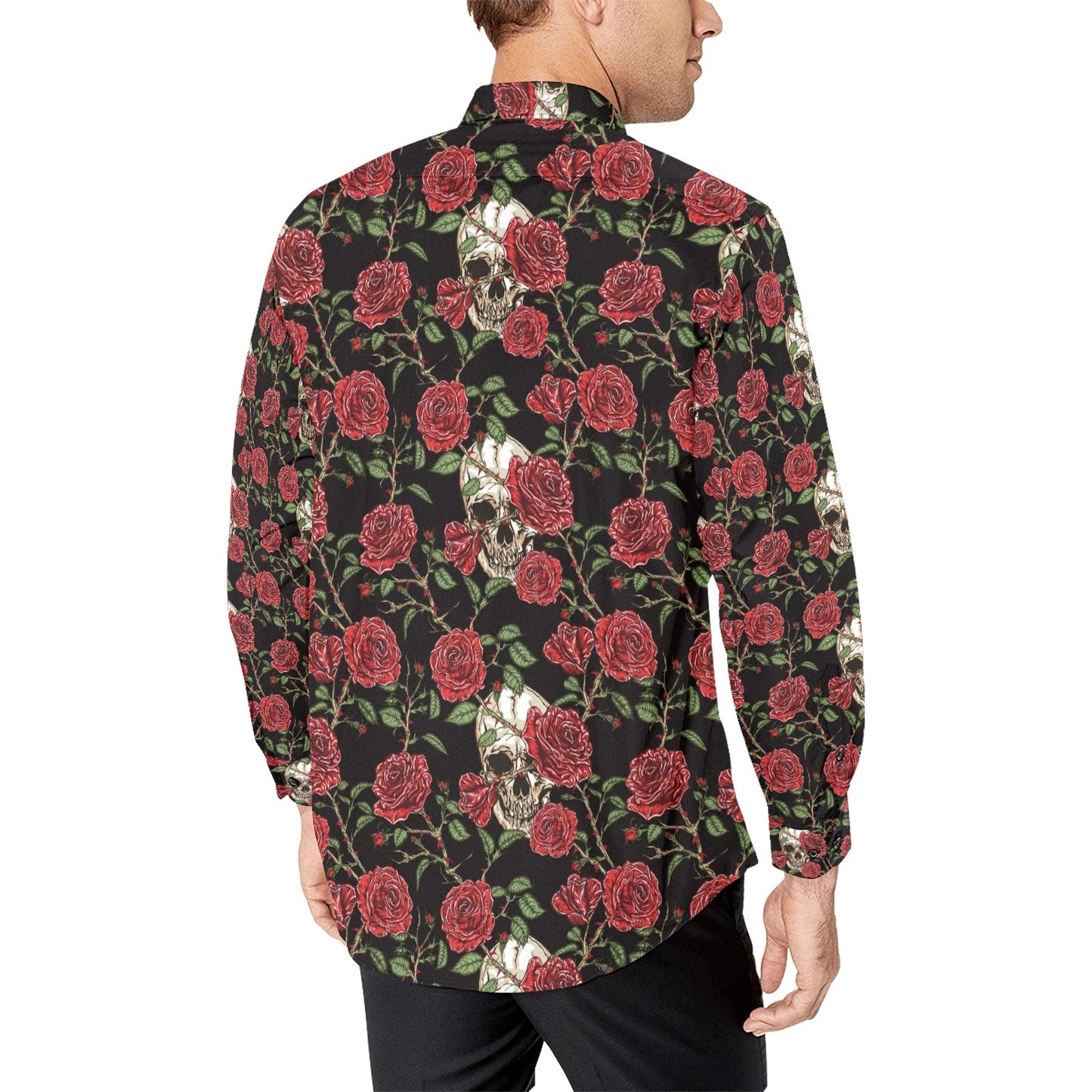 Skull And Roses Print Design LKS303 Men's Long Sleeve Dress Shirt