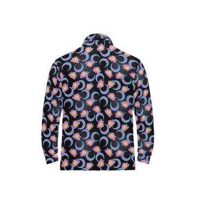 Lotus with Moon Pink Print Themed Long Sleeve Polo Shirt For Men's
