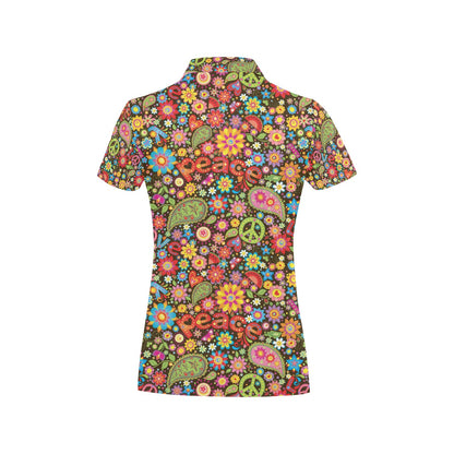 Flower Power Peace Paisley Themed Print Women's Polo Shirt