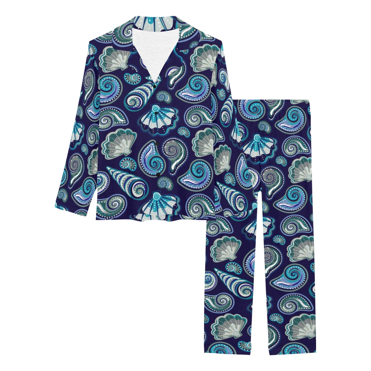 Beach Seashell Blue Print Women's Long Pajama Set
