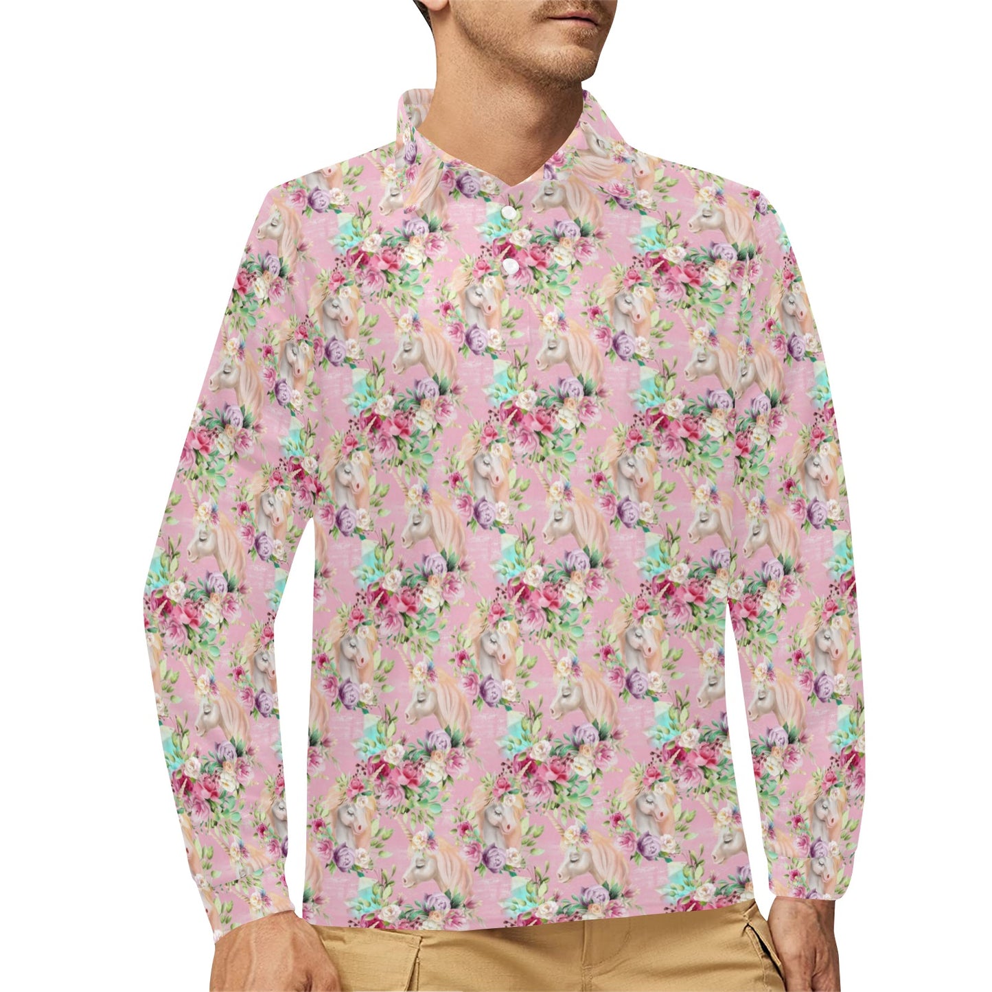 Unicorn Princess with Rose Long Sleeve Polo Shirt For Men's