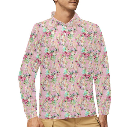 Unicorn Princess with Rose Long Sleeve Polo Shirt For Men's