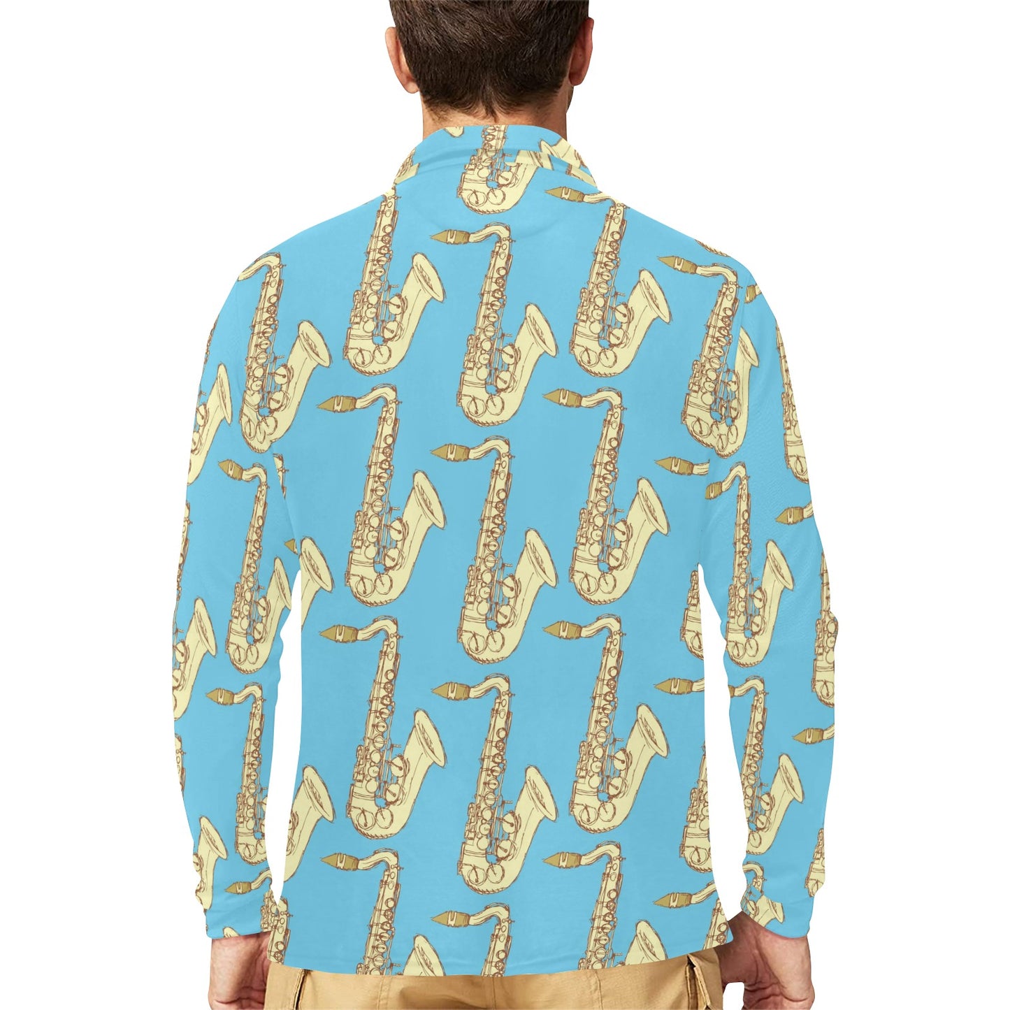 Saxophone Pattern Print Design 03 Long Sleeve Polo Shirt For Men's