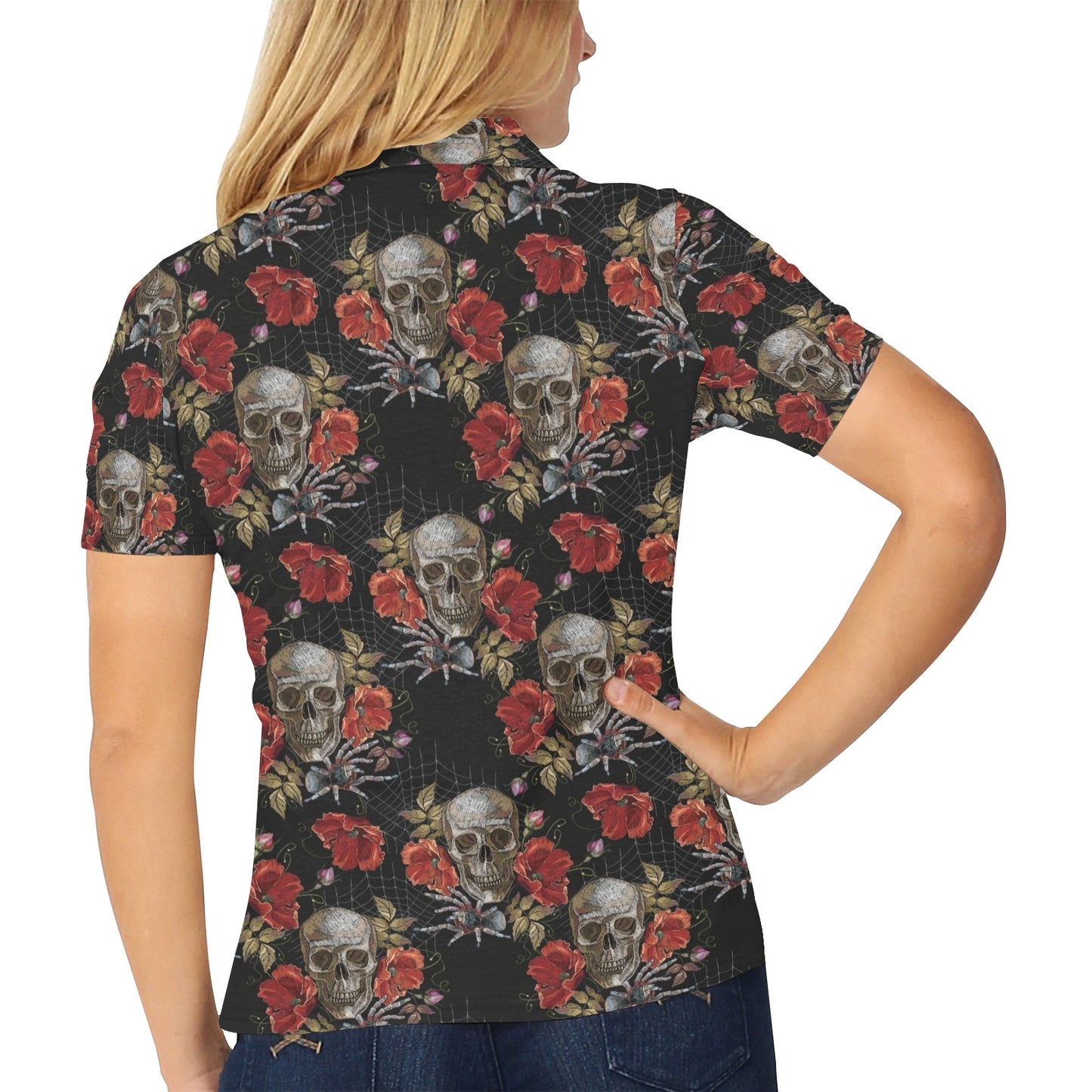 Spider Web Skull Rose Print Design LKS305 Women's Polo Shirt