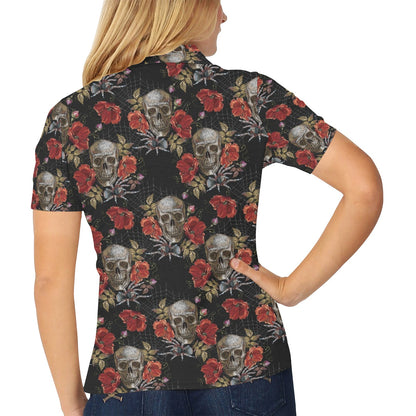 Spider Web Skull Rose Print Design LKS305 Women's Polo Shirt