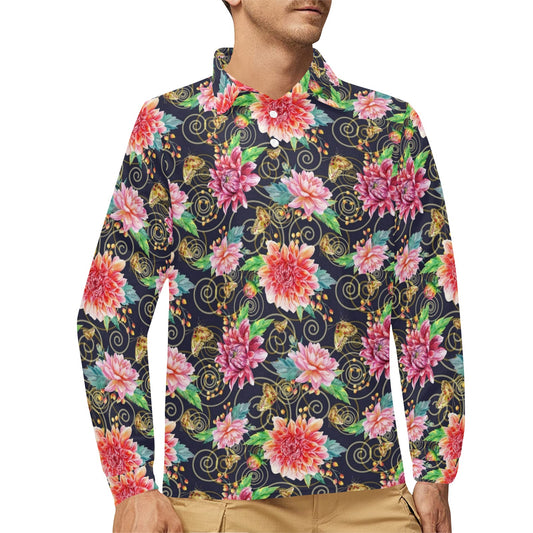 Dahlia Pattern Print Design DH02 Long Sleeve Polo Shirt For Men's