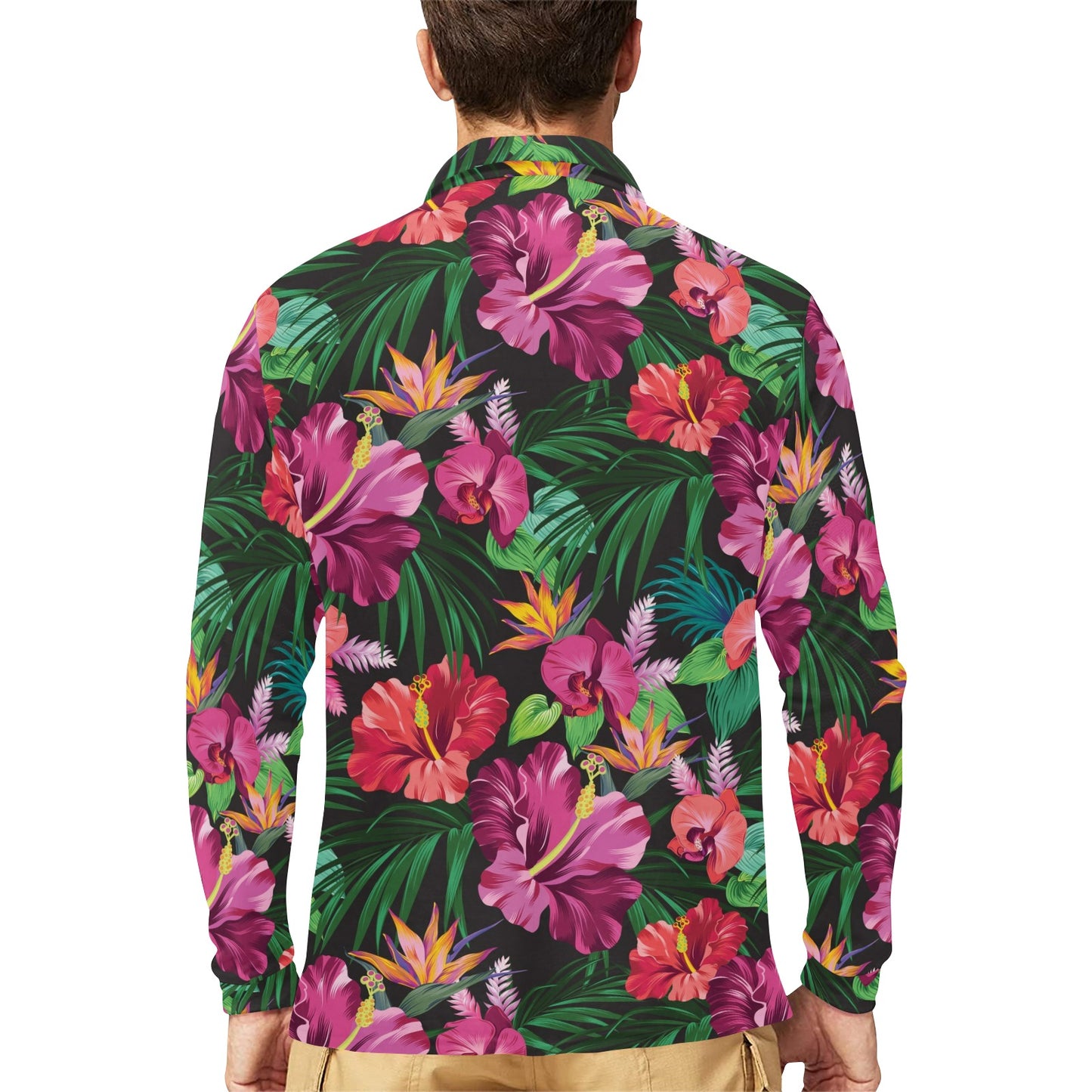 Hawaiian Flower Hibiscus tropical Long Sleeve Polo Shirt For Men's