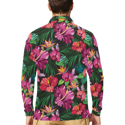 Hawaiian Flower Hibiscus tropical Long Sleeve Polo Shirt For Men's