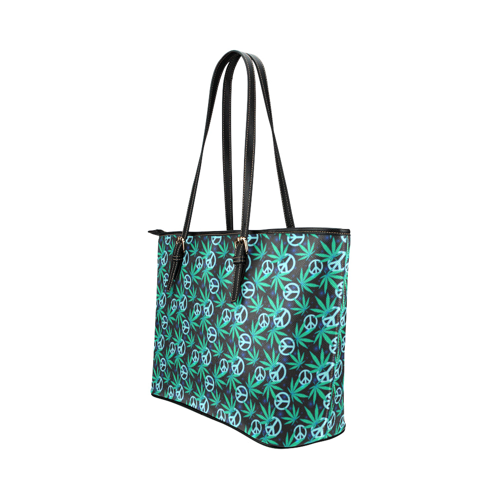 Peace Sign Themed Design Print Leather Tote Bag