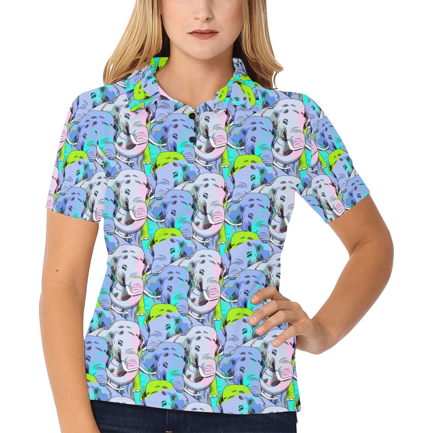 Elephant Art color Print Pattern Women's Polo Shirt