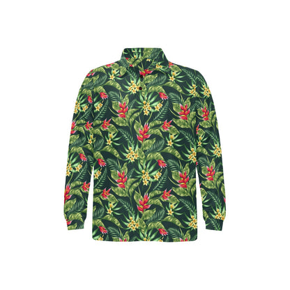 Tropical Folower Red Heliconia Print Long Sleeve Polo Shirt For Men's