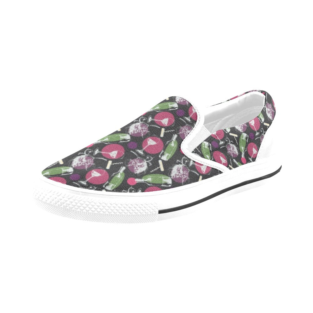 Wine Print Design LKS307 White Slip Ons Canvas Women's Shoes