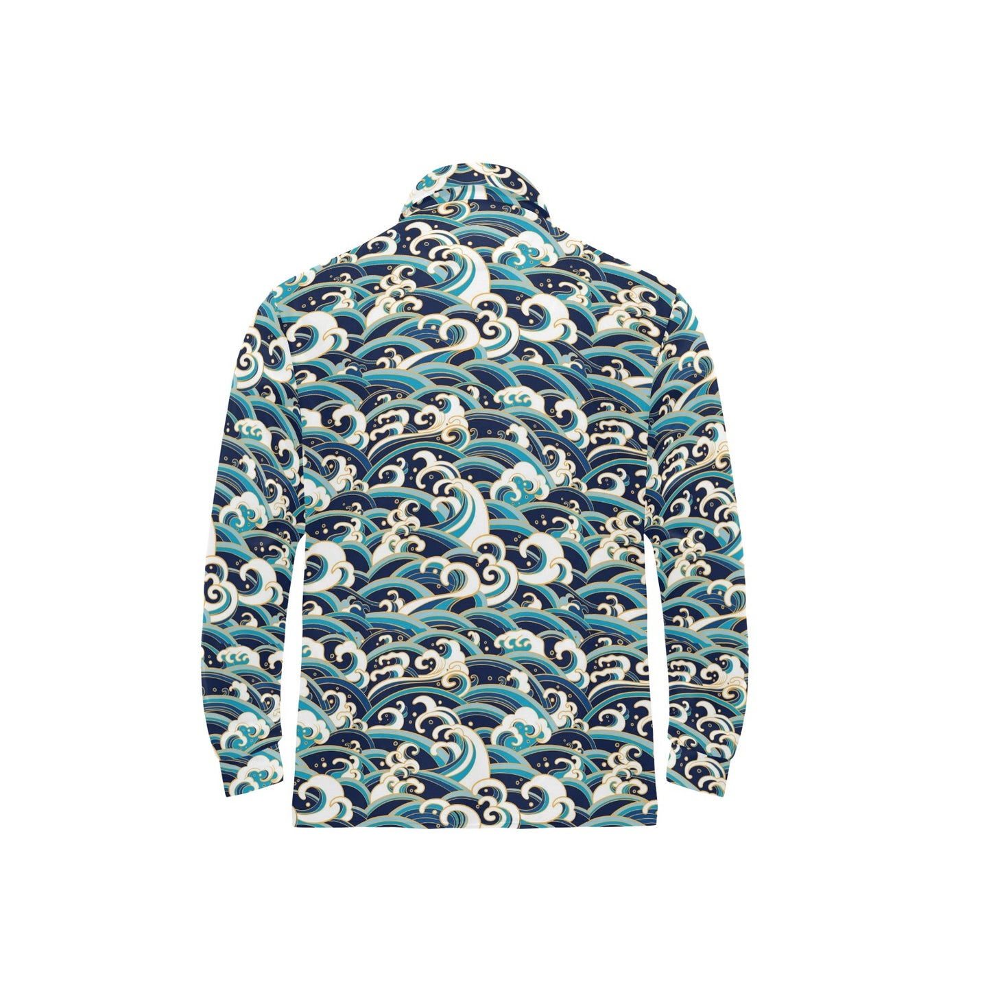 Surf Wave Pattern Long Sleeve Polo Shirt For Men's
