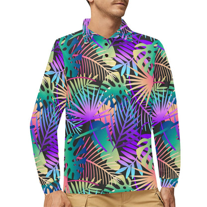 Neon Flower Tropical Palm Leaves Long Sleeve Polo Shirt For Men's