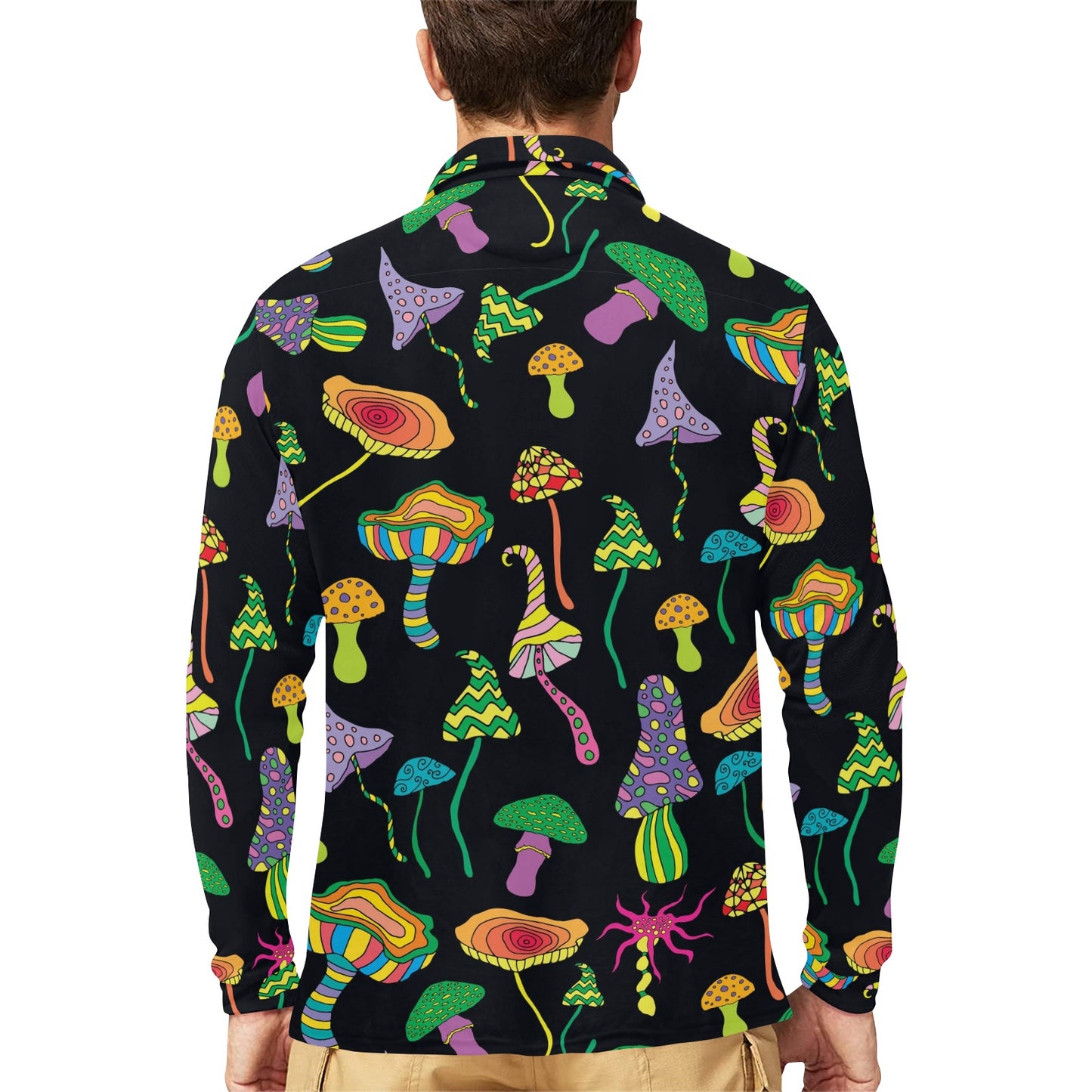 Psychedelic Mushroom Pattern Print Design A02 Long Sleeve Polo Shirt For Men's