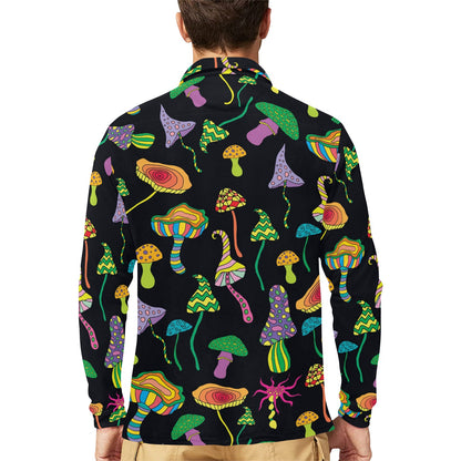 Psychedelic Mushroom Pattern Print Design A02 Long Sleeve Polo Shirt For Men's
