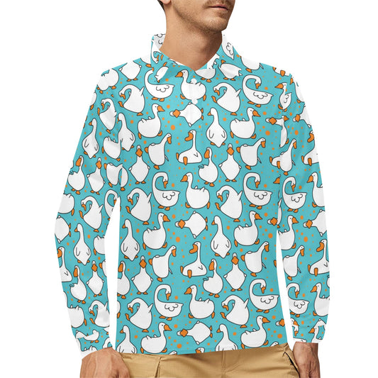 Goose Print Design LKS403 Long Sleeve Polo Shirt For Men's