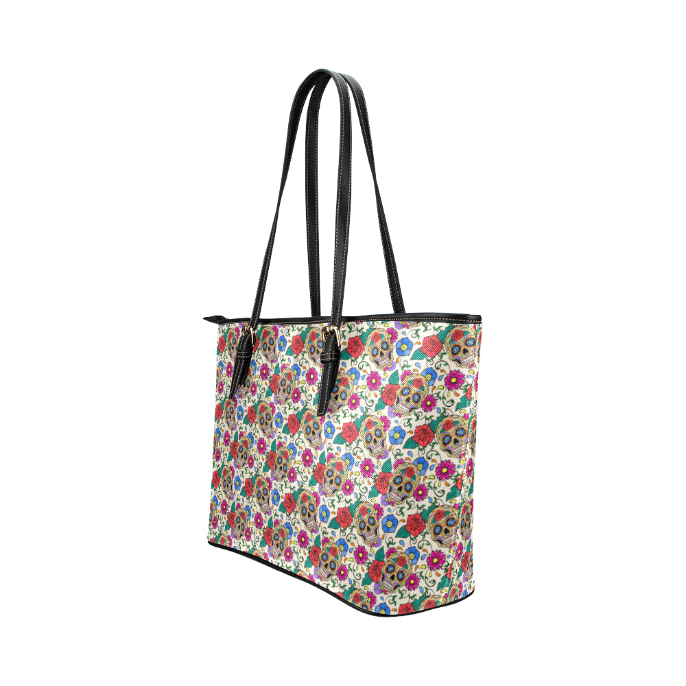 Sugar Skull Colorful Themed Print Leather Tote Bag