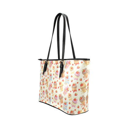 Cupcakes Strawberry Cherry Print Leather Tote Bag