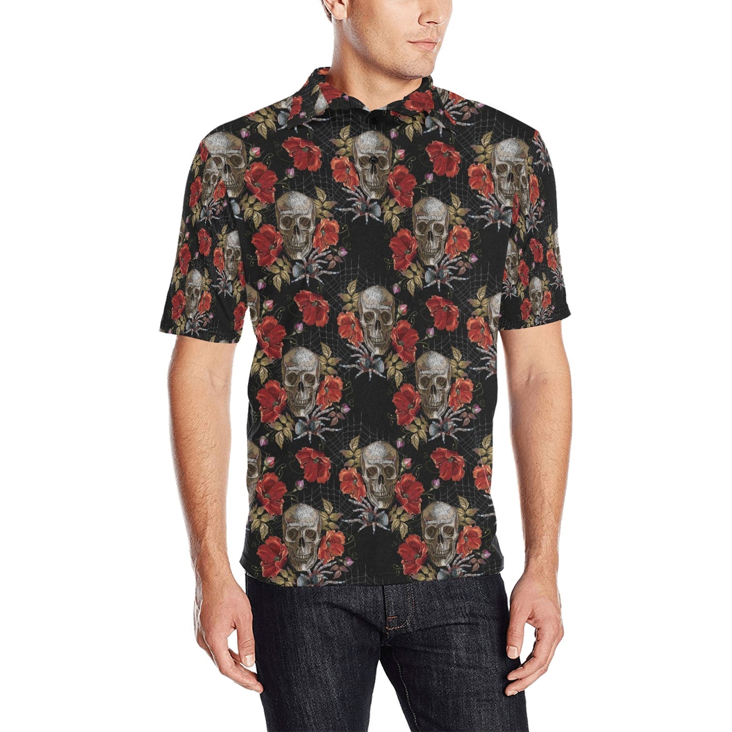 Spider Web Skull Rose Print Design LKS305 Men Polo Shirt