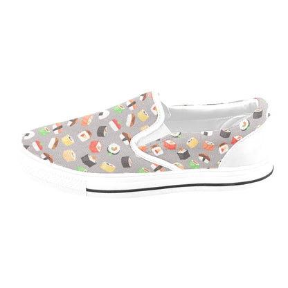Sushi Print Design LKS307 White Slip Ons Canvas Women's Shoes