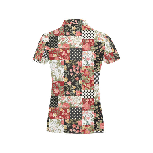 Patchwork Flower Pattern Print Design 03 Women's Polo Shirt