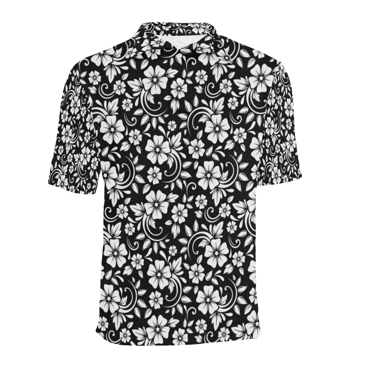 Floral Black White Themed Print Men Polo Shirt