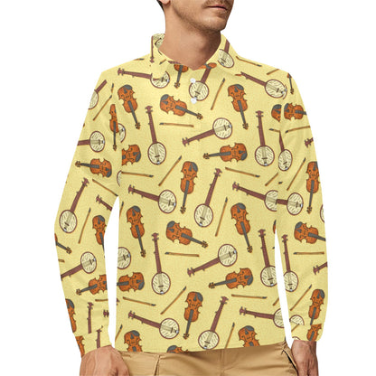 Banjo Violin Pattern Print Design 01 Long Sleeve Polo Shirt For Men's