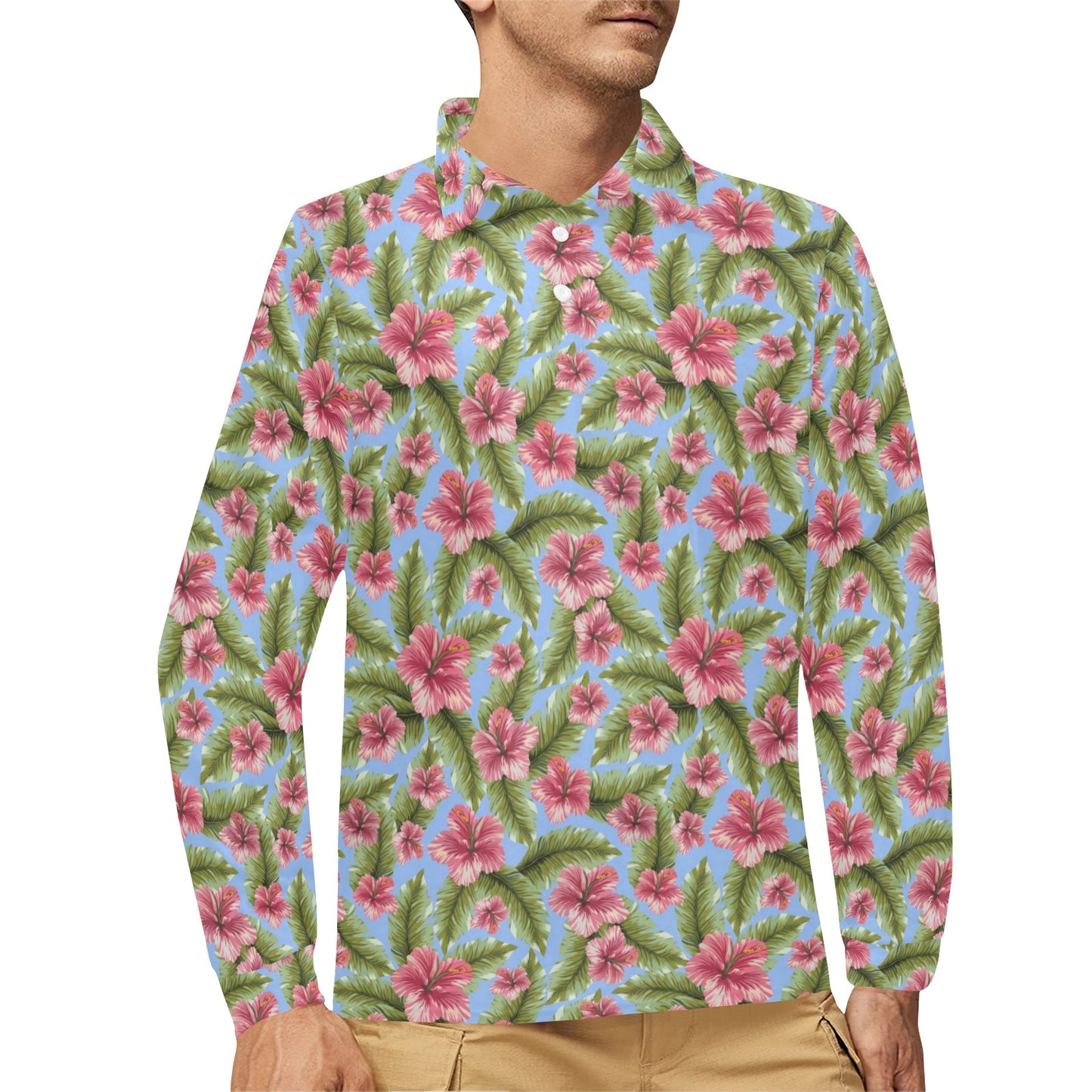 Tropical Flower Print Design LKS301 Long Sleeve Polo Shirt For Men's