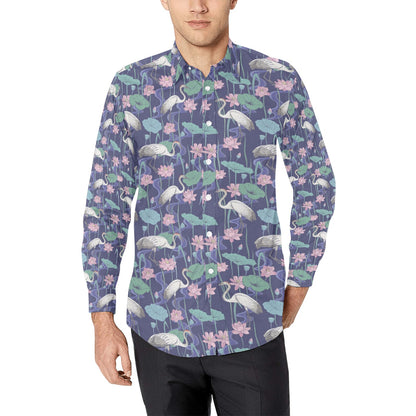 Water Lily Print Design LKS306 Men's Long Sleeve Dress Shirt