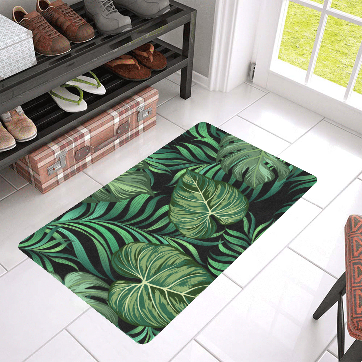 Green Fresh Tropical Palm Leaves Rubber Doormat