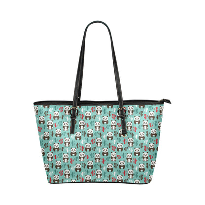 Panda Bear Cute Themed Print Leather Tote Bag