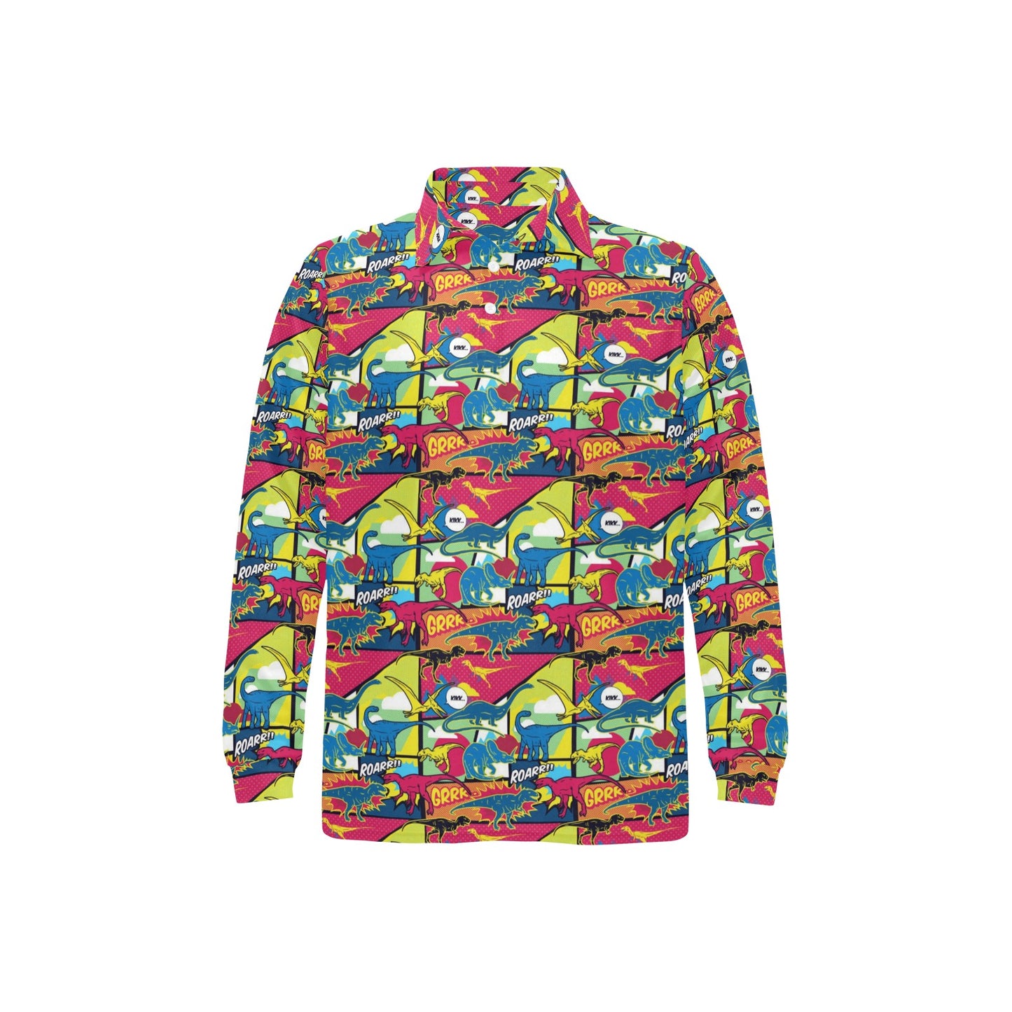 Dinosaur Comic Pop Art Style Long Sleeve Polo Shirt For Men's
