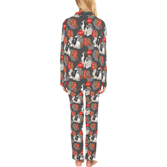 Japanese Chin Pattern Print Design 02 Women's Long Pajama Set
