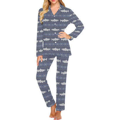 Salmon Fish Knit Style Print Design LKS304 Women's Long Pajama Set