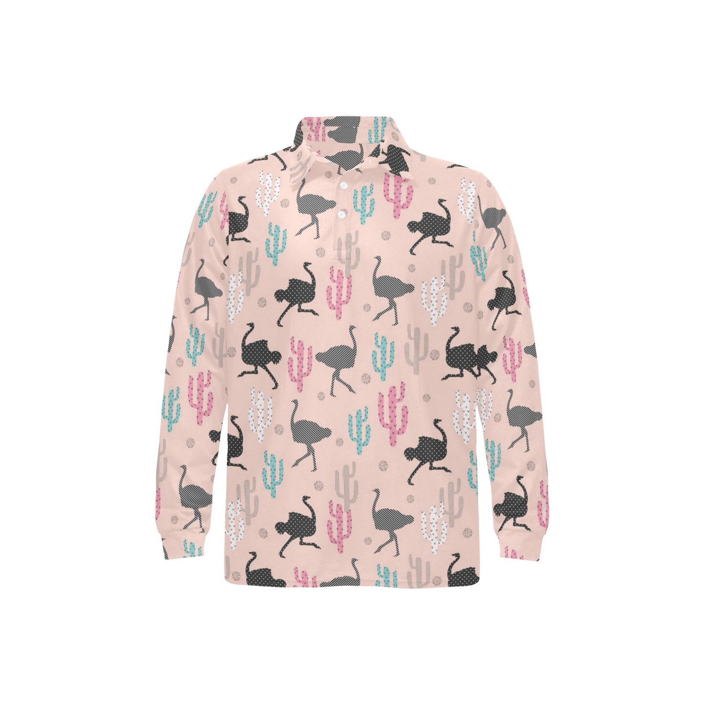Ostrich Pattern Print Design 03 Long Sleeve Polo Shirt For Men's