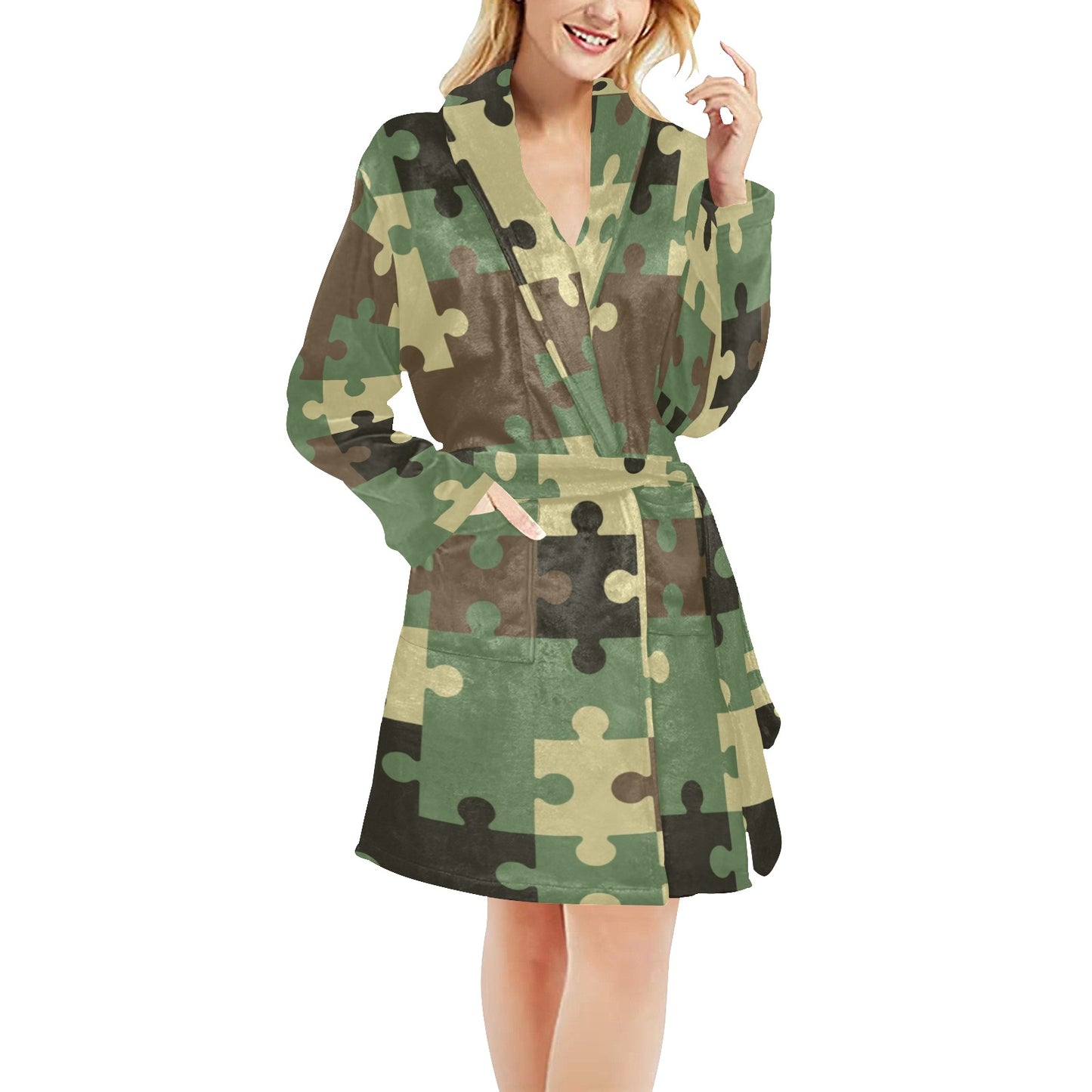 Puzzle Camo Pattern Print Design A03 Women's Fleece Robe