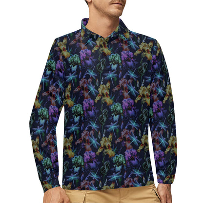 Dragonfly With Floral Print Pattern Long Sleeve Polo Shirt For Men's