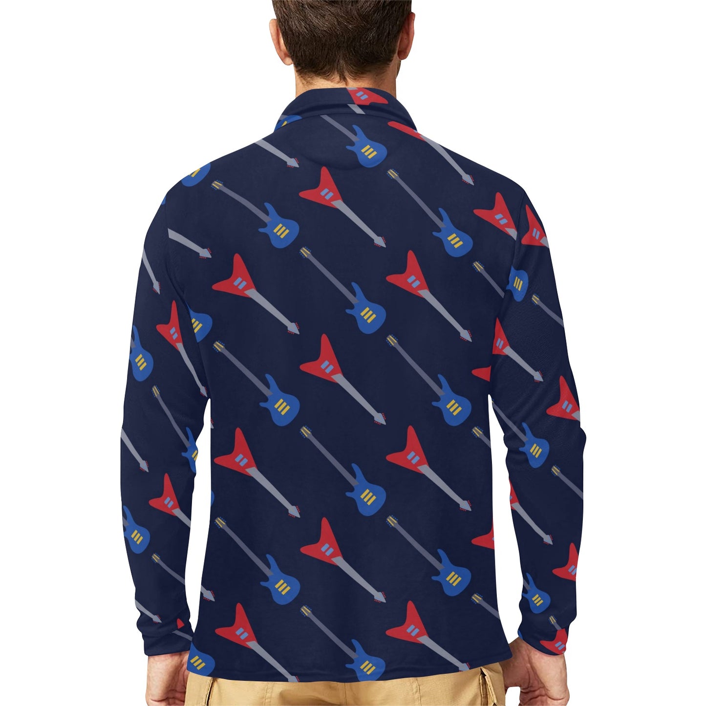 Electric Guitar Pattern Print Design 01 Long Sleeve Polo Shirt For Men's
