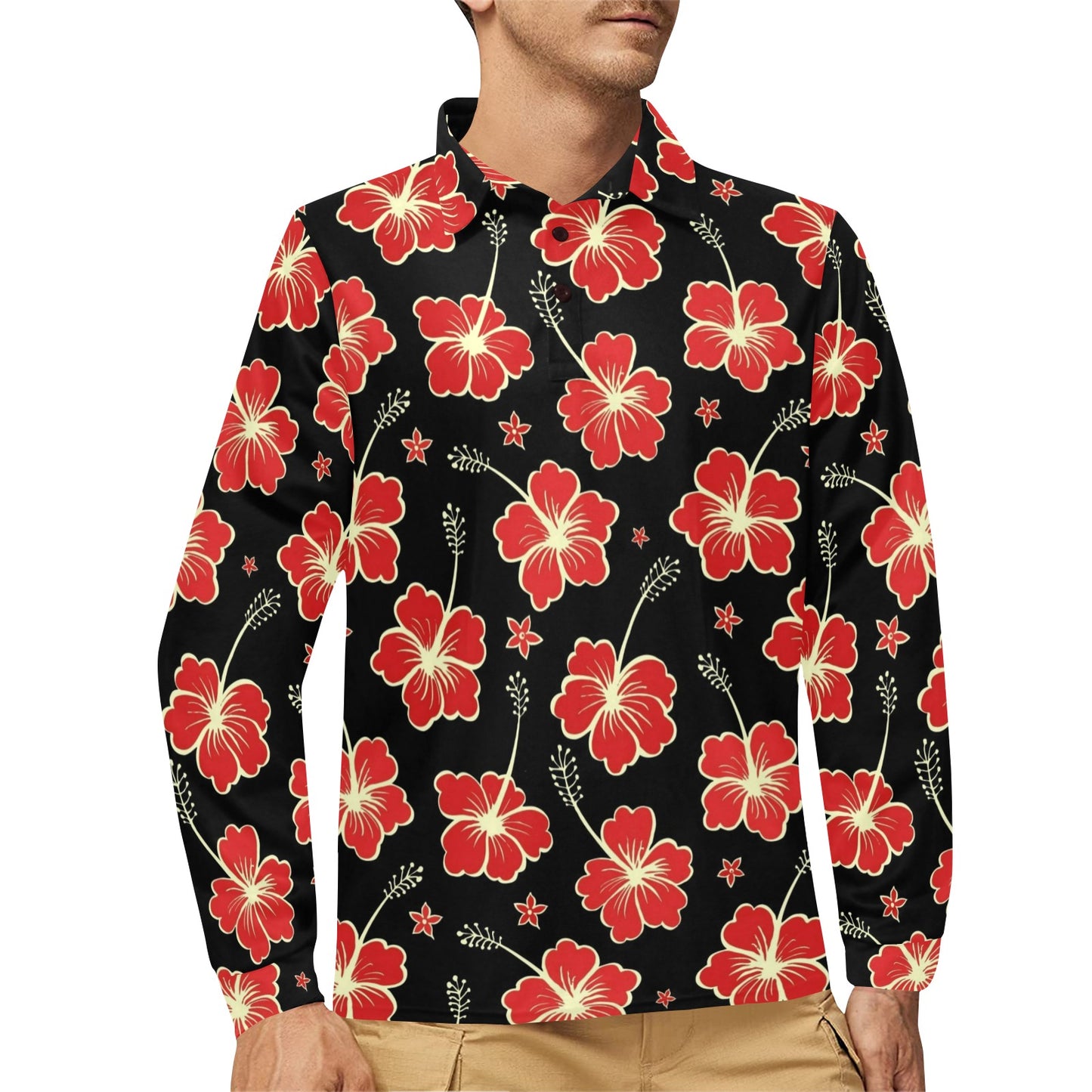 Red Hibiscus Pattern Print Design HB021 Long Sleeve Polo Shirt For Men's