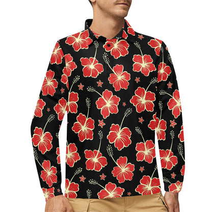 Red Hibiscus Pattern Print Design HB021 Long Sleeve Polo Shirt For Men's