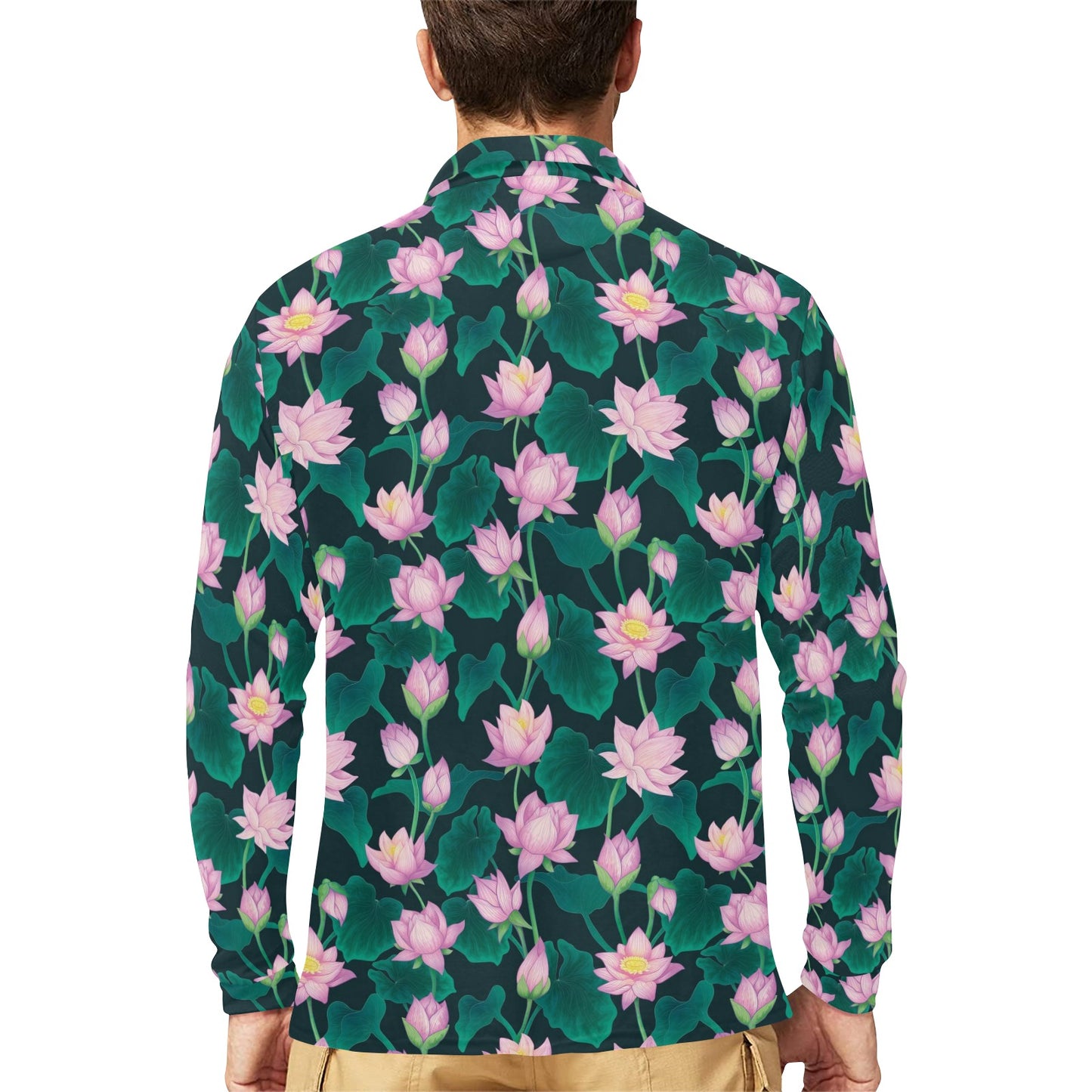 Water Lily Print Design LKS302 Long Sleeve Polo Shirt For Men's