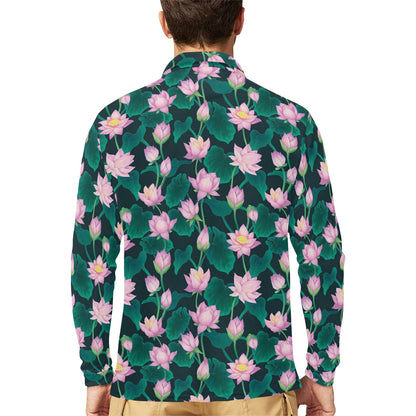 Water Lily Print Design LKS302 Long Sleeve Polo Shirt For Men's