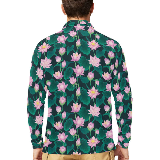 Water Lily Print Design LKS302 Long Sleeve Polo Shirt For Men's