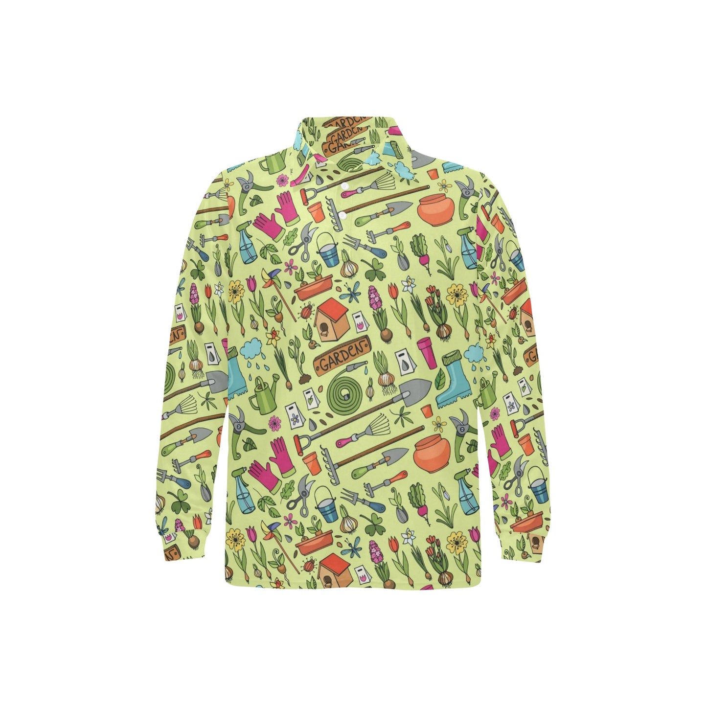 Gardening Pattern Print Design G02 Long Sleeve Polo Shirt For Men's